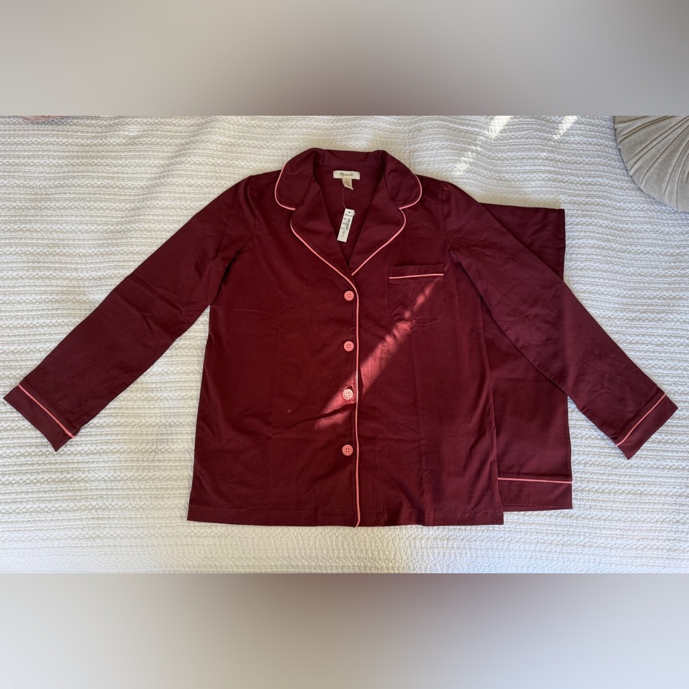 NWT Madewell Knit Bedtime Pajama Set, Dark Cabernet w/ Pink Trim, Size S - Picture 2 of 11